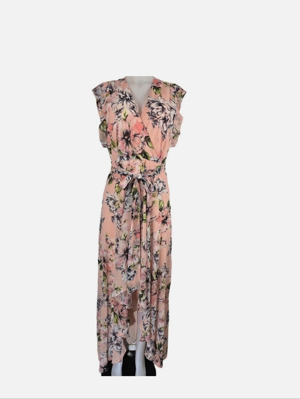 ELIZA J. Sleeveless Pink Floral Wrap Maxi Dress with Tie Waist